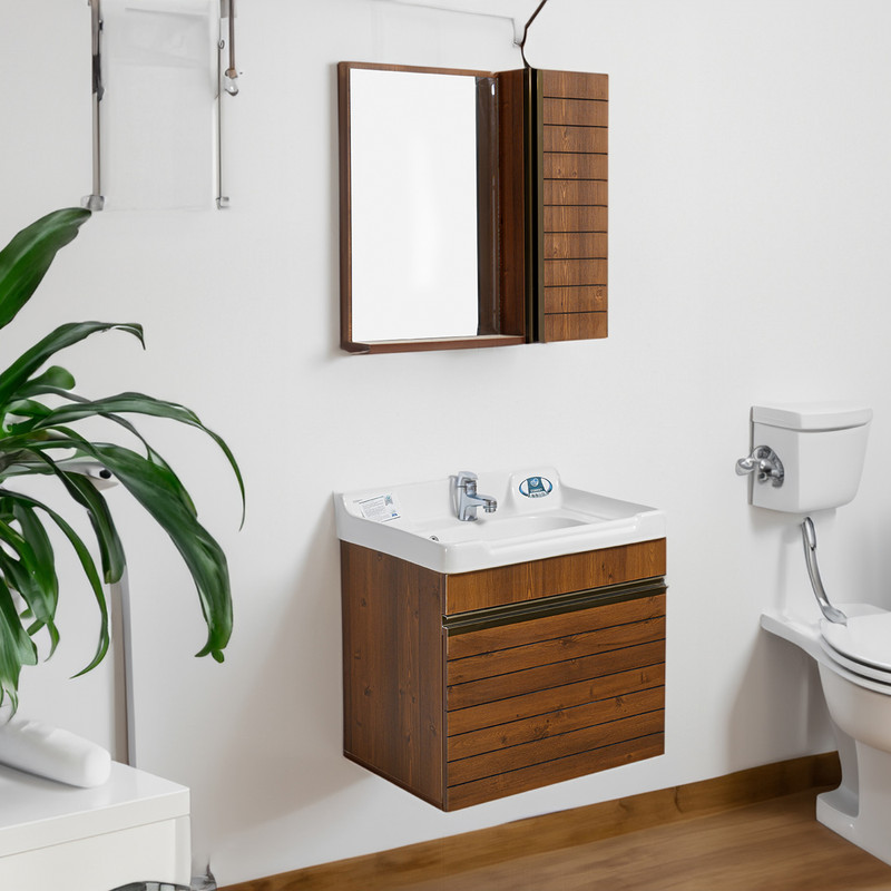 ست کابینت و روشویی مدل کویینتو طرح چوب کد 104 به همراه آینه و باکس کن مدل 408898